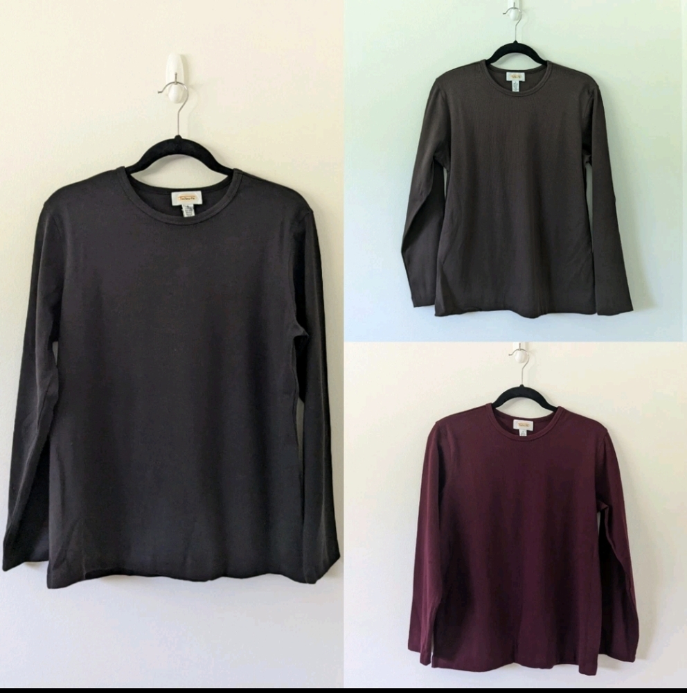 3 NWT Vintage Talbots Long Sleeve Ribbed Knit Tops Black Brown Burgundy Womens M